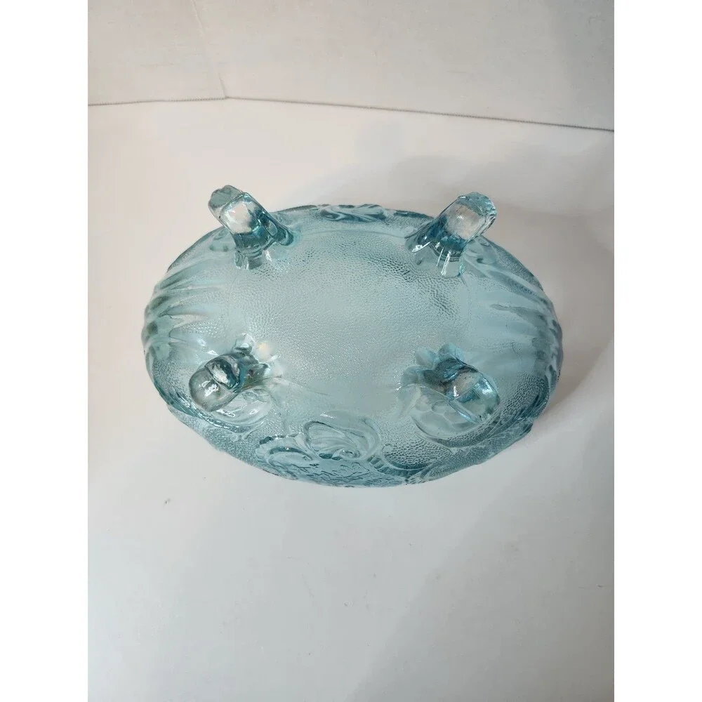 Vintage Glass Blue Center Table Bowl Footed Leaf Design